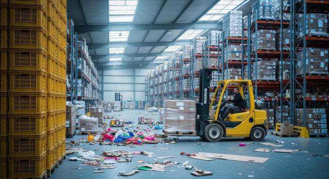 Forklift Operator Moving Pallet in Large Distribution Warehouse with Scattered Debris on the Floor photo