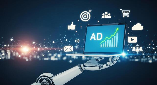 Robotic Arm Holding Laptop Displaying Advertising Growth, Digital Marketing Concept for Business Promotion and Automation photo