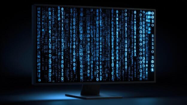 Computer Screen Displaying Digital Binary Code, Futuristic Technology Concept, Data Flowing, Cybersecurity, and Information Technology photo