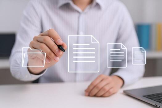 Digital Document Management Businessman Interacting with Virtual Files and Folders, Data Organization Concept photo