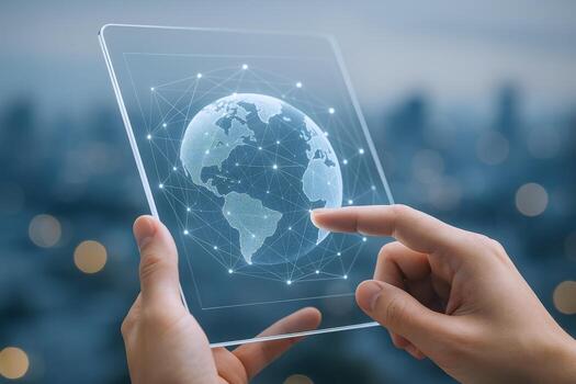 Digital World Connection on Transparent Tablet Global Technology, Networking, and Futuristic Communication Concept photo