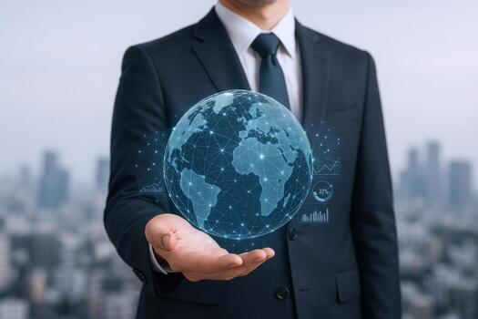 Global Business Network Concept Businessman Holding Digital Earth with Data Visualization in Hand photo