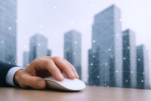 Human Hand Using Computer Mouse Overlaying Cityscape and Network Visualization for Modern Business Concepts photo