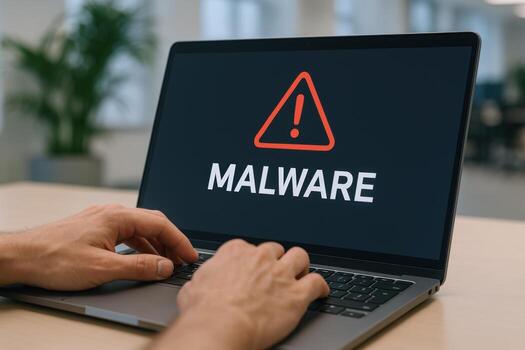 Computer Screen Displaying Malware Warning Cybersecurity Threat, Virus Alert, Security Breach on Laptop photo