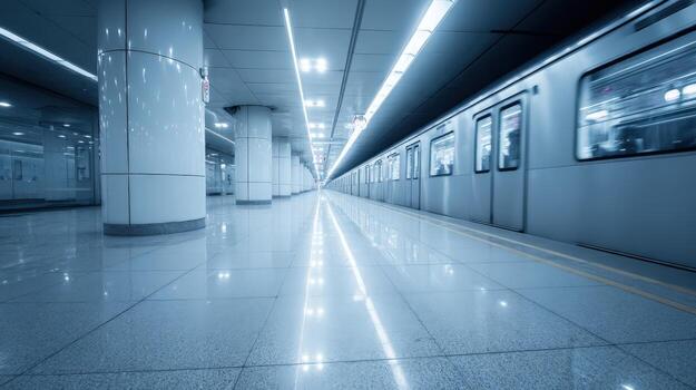 Subway Station Platform with Train Waiting, Modern Architecture and Clean Environment, Transportation and Urban Scene photo