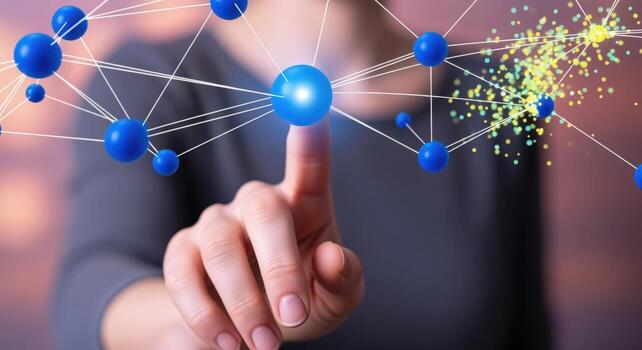 Connecting Digital Network Womans Finger Touching Data Visualization Representing Global Communication and Technological Advancement in the Modern Era photo