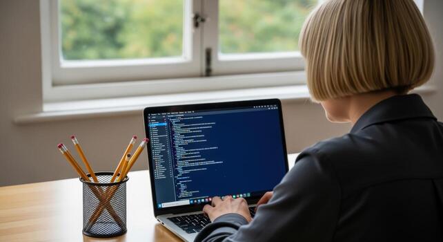 Woman Coding on Laptop at Desk Software Development and Remote Work Lifestyle photo