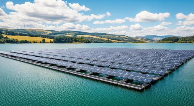 Floating Solar Panels on Lake Water Surface Generating Renewable Energy, Clean Power Technology and Sustainable Resources photo