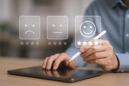Customer feedback survey with rating options on digital interface displays product satisfaction score photo