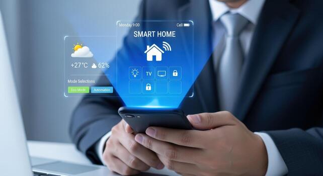 Man Using Smart Home Automation App on Smartphone, Controlling Devices and Energy Efficiency photo