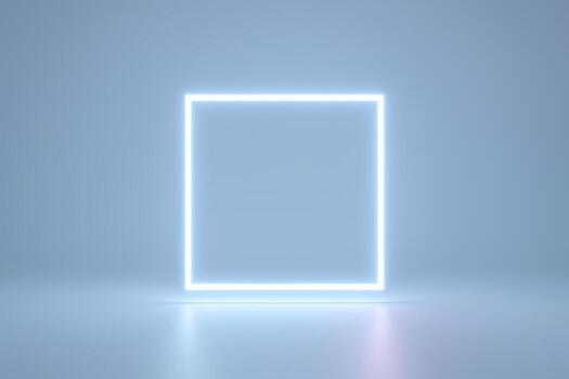Abstract Light Blue Neon Square Frame Glowing on Reflective Surface - Modern Technology Background photo