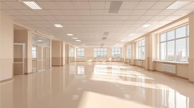 Bright Empty Commercial Space with Large Windows, Beige Walls, and Polished Floors Offering Development Potential photo