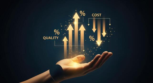 Quality Improvement and Cost Reduction Concept Hand Holding Arrows Representing Value and Efficiency photo