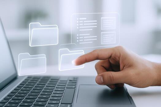 Data Management Hand Interacting with Digital Folders and Files on Laptop Screen, Representing Information Organization photo