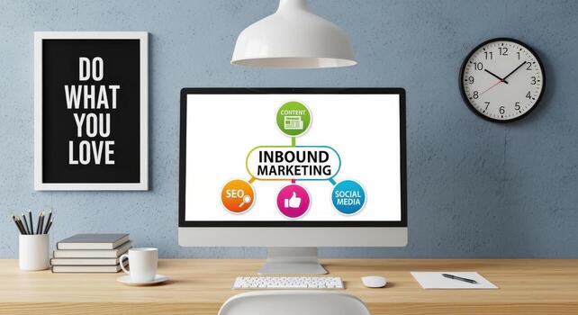 Inbound Marketing Strategy Displayed on Computer Screen with Desk Setup for Business and Productivity in Office photo