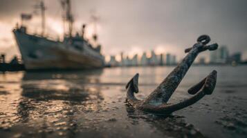 Rusty Anchor Foreground, Ship on Water, City Skyline Background, Moody Maritime Theme photo