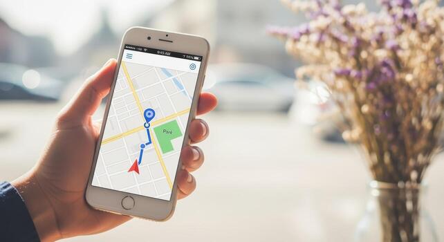 Mobile Navigation App Displayed on Smartphone Screen Held by Hand, Travel and Tourism Technology Concept photo