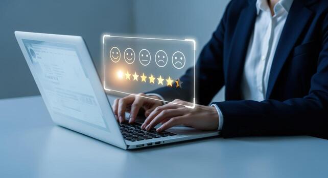 Customer feedback analysis Online survey with rating stars for service evaluation and satisfaction analysis via laptop photo