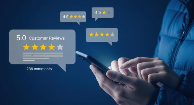 cliente comentarios en teléfono inteligente negocio reputación administración con estrella calificaciones y en línea realimentación para satisfacción foto