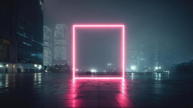 Neon Square Portal in Urban Setting, Abstract Futuristic Cityscape with Glowing Geometric Shape, Night Scene photo