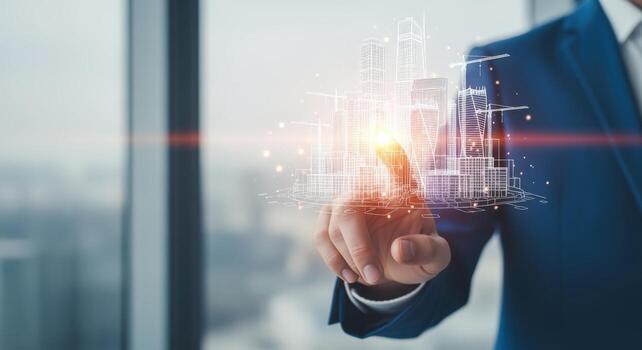 Architect Touching Digital Blueprint of Modern City, Representing Future Development and Construction Technology Innovation photo