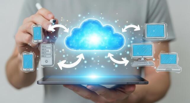 Cloud Computing Network Connecting Devices Digital Technology Integration for Seamless Communication and Data Sharing photo