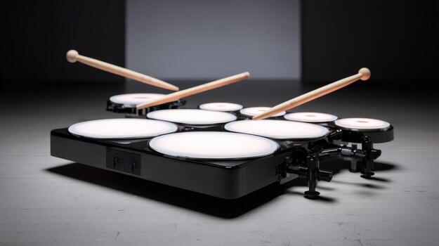 Electronic Drum Kit with Drumsticks Poised for Action, Demonstrating Musical Innovation and Rhythmic Potential photo