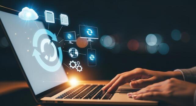 Cloud Computing Technology Hands on Laptop with Data Synchronization, Networking and Digital Transformation Concept photo