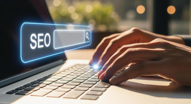 optimizando buscar motor clasificación manos mecanografía en ordenador portátil con seo buscar bar interfaz concepto foto