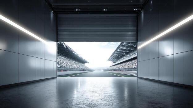Race Track Tunnel Exit with Grandstands View, Modern Architecture, Bright Lighting and Reflective Floor photo