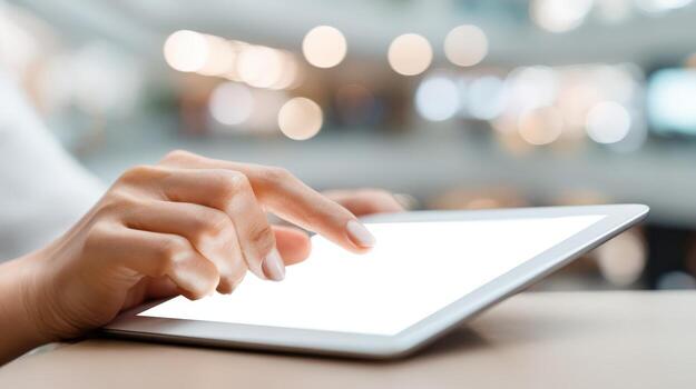 Womans Hand Using Tablet Computer with a Blank Screen for Mockup, Against a Blurred Background photo