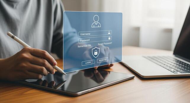 Secure Online Access Person Using Tablet for Login with Digital Authentication Interface photo