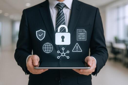 Businessman Holding Tablet with Cyber Security Icons Data Protection, Network Safety and Digital Privacy photo