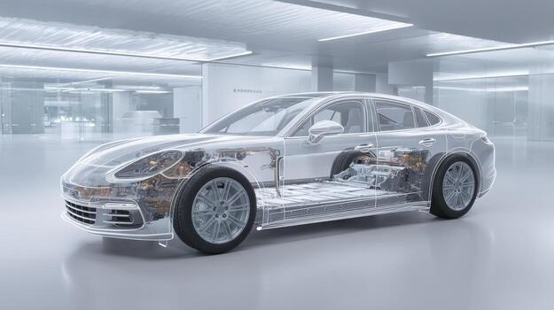 Modern electric car showing internal components in a bright, minimalist studio environment showcasing engineering and design photo