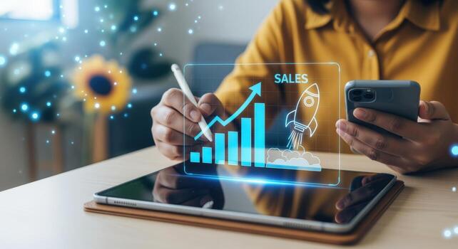 Woman Analyzing Sales Data on Tablet with Digital Display and Mobile Phone for Strategy photo