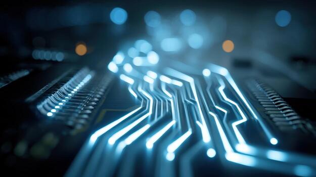 Futuristic Circuit Board with Glowing Traces - High Tech Innovation and Connectivity photo