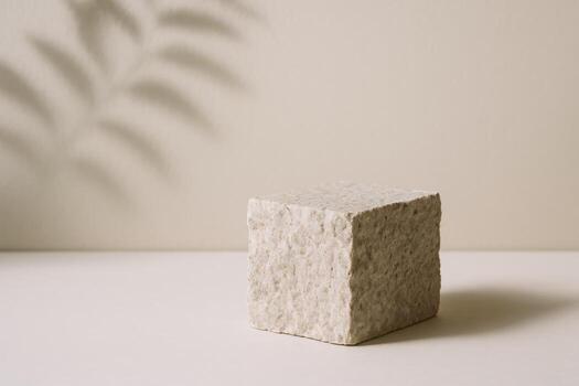 Minimalist Stone Pedestal on Beige Backdrop with Palm Leaf Shadow for Product Showcase and Cosmetic Display photo