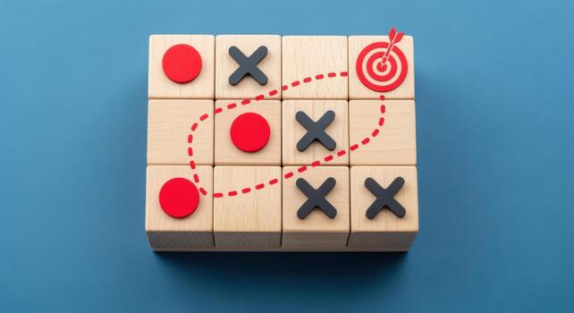 Strategic Wooden Block Game Displaying Winning Solution on Blue Background, Showcasing Business Planning and Problem Solving photo