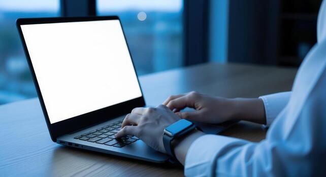 Typing on Laptop with Blank Screen at Night, Close Up of Hands, Desk and Window photo