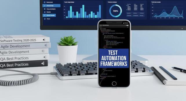 Test Automation Frameworks Displayed on Mobile Device with Books and Monitor, Business Workspace photo
