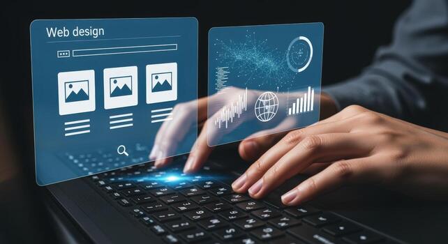 web diseñador creando digital interfaz manos mecanografía en ordenador portátil con holográfico monitor tecnología foto