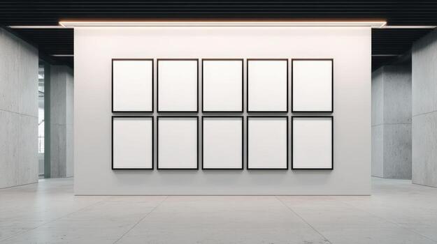 Gallery Wall with Multiple Blank Frames for Art Mockups in a Modern Museum or Showroom photo