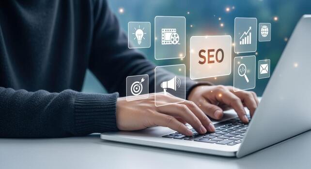 SEO Specialist Optimizing Website Content on Laptop with Digital Icons, Driving Traffic and Improving Search Engine Ranking photo