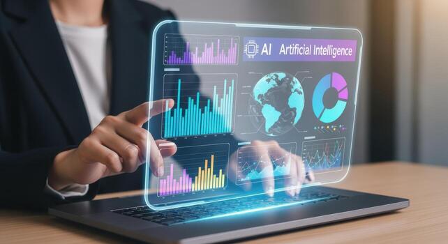 Businesswoman Analyzing AI Data on Futuristic Transparent Display for Strategic Decision-Making and Technological Advancement photo
