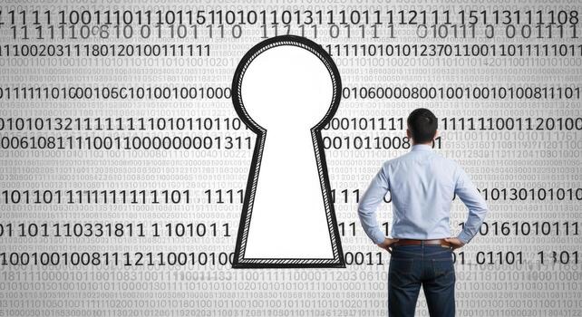 Data Security Vision Man Gazing at Keyhole Amidst Binary Code, Envisioning Cybersecurity photo