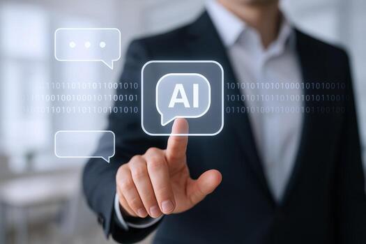 AI Assistant Interface Businessman Interacting with Artificial Intelligence for Business Solutions and Automation photo
