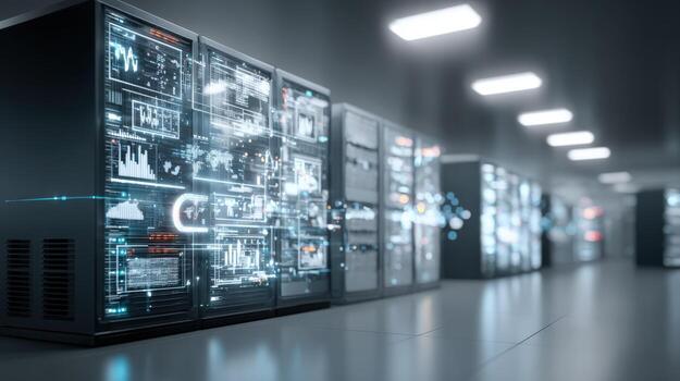 Data Center Server Room with Rack Servers and Digital Displays Visualizing Data Analytics photo