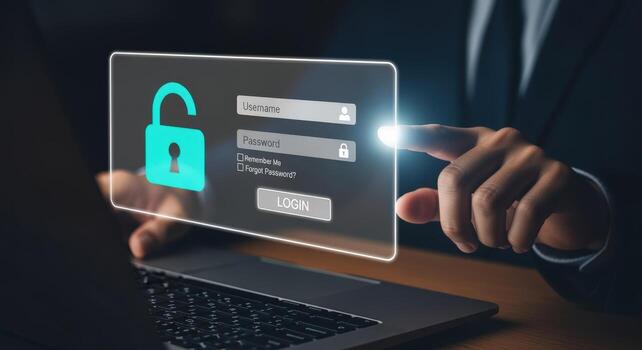 Secure Login Interface with Open Padlock and Finger Pointing on Touch Screen for System Access photo