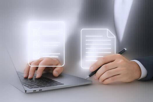 Digital Checklist and Document Review Man Working on Laptop with E-Signature and Verification photo