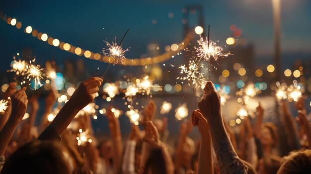 Crowd Celebrating with Sparklers at Dusk, Festive Night Scene with Bokeh Lights and Skyline photo